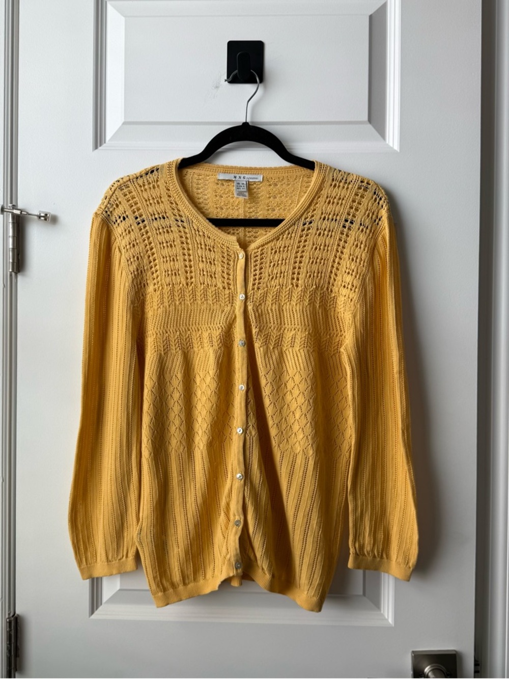 MNG by Mango Mustard Yellow Knit Cardigan Open Weave Button Front Size XL